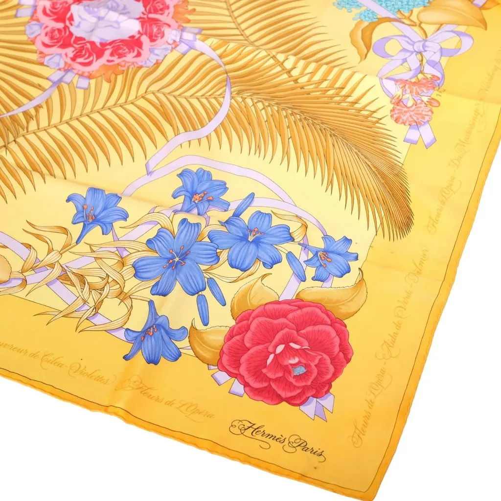 Hermès Vintage “Fleurs De L’opéra” Yellow Silk Carré 90 Scarf By Julia Abadie - '90s Yellow Silk Good - Box View