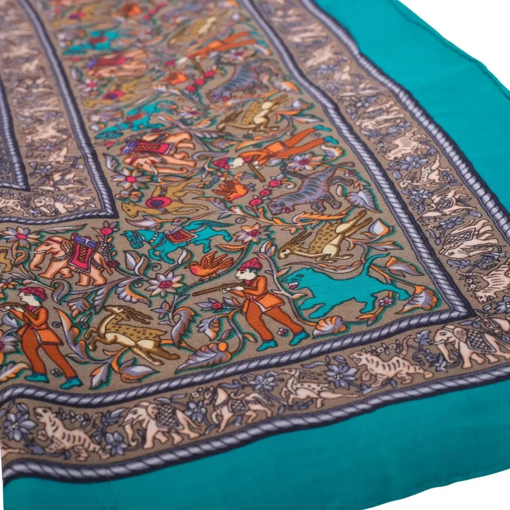 Hermès “Chasse en Inde” Green Cashmere & Silk Shawl 140 - '10s Green Wool Good - Back View