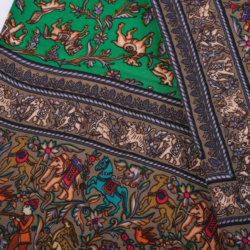 Hermès “Chasse en Inde” Green Cashmere & Silk Shawl 140 - '10s Green Wool Good - Inside View