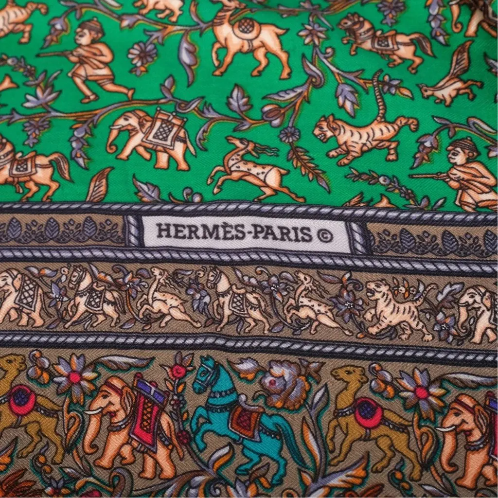 Hermès “Chasse en Inde” Green Cashmere & Silk Shawl 140 - '10s Green Wool Good - Model View