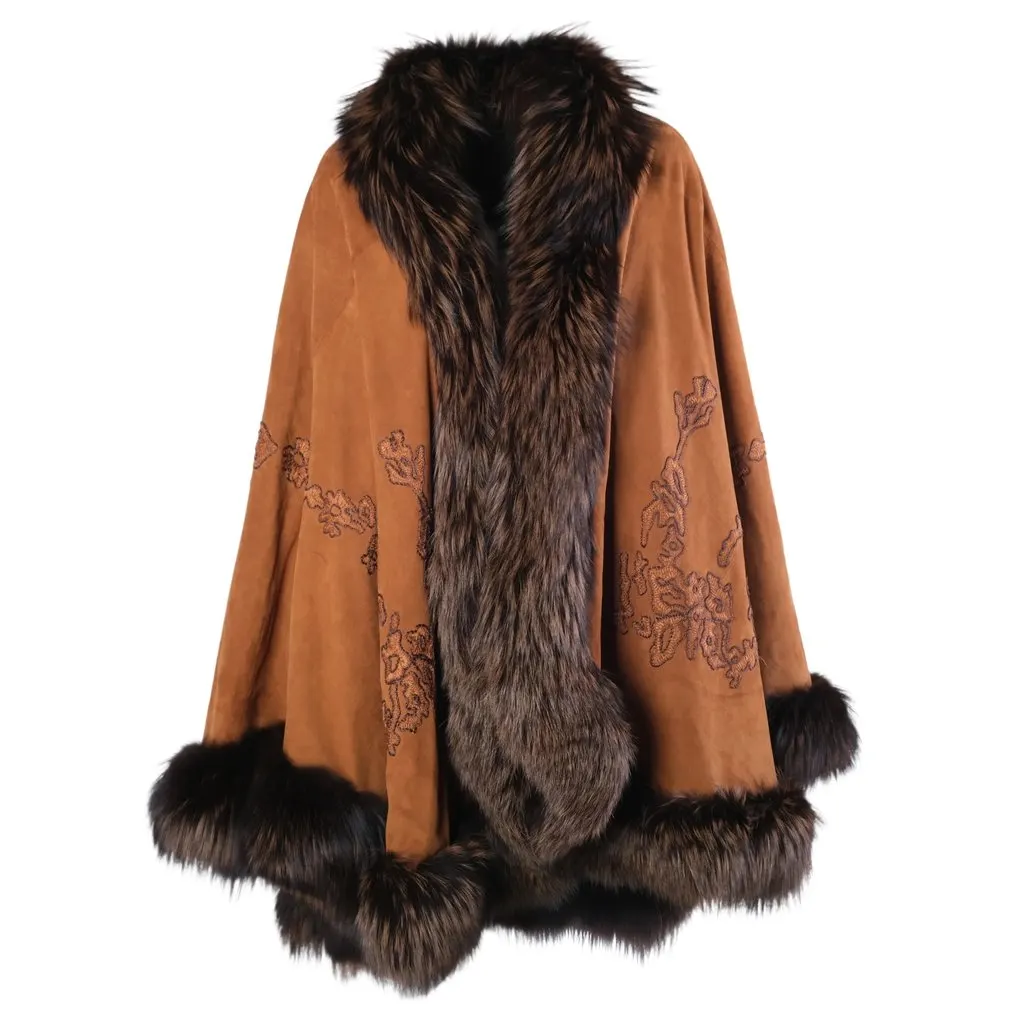 Unsigned Adrienne Landau Vintage Brown Embroidered Suede & Fox Fur Cape - '90s Brown Suede Good - Front View