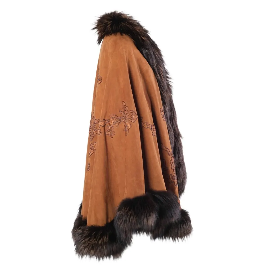 Unsigned Adrienne Landau Vintage Brown Embroidered Suede & Fox Fur Cape - '90s Brown Suede Good - Back View