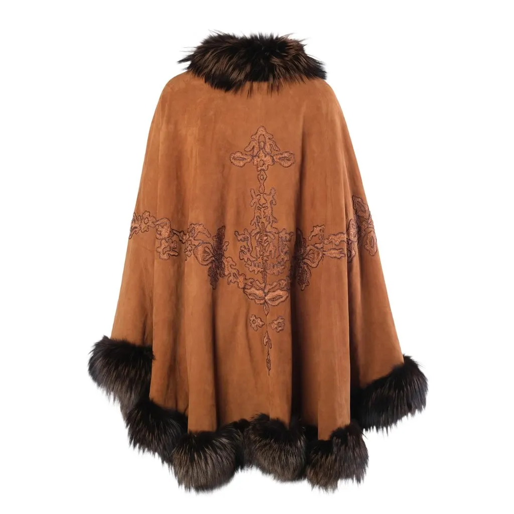 Unsigned Adrienne Landau Vintage Brown Embroidered Suede & Fox Fur Cape - '90s Brown Suede Good - Inside View