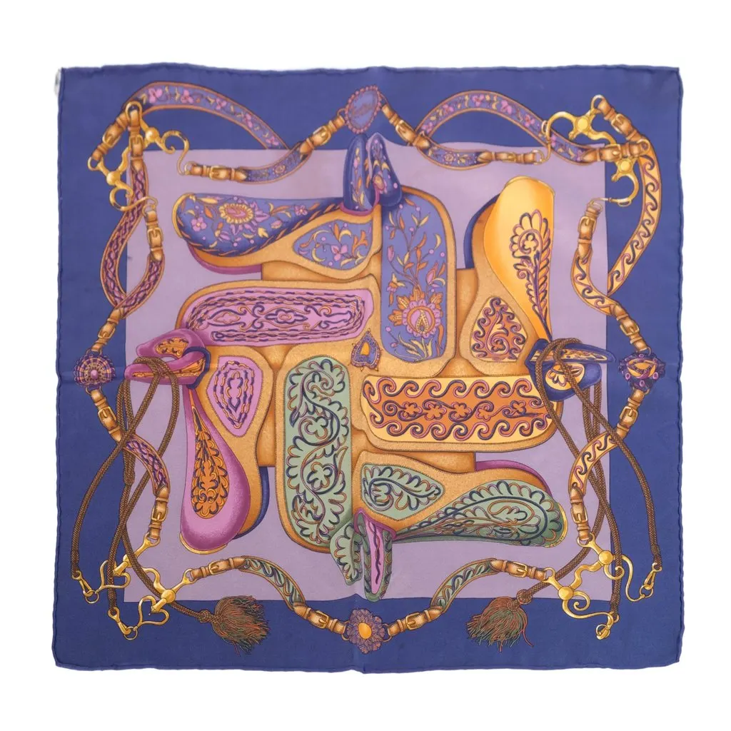 Hermès Vintage Festival des Amazones Blue & Purple Silk Carré 90 Scarf - '90s Blue Silk Good - Front View