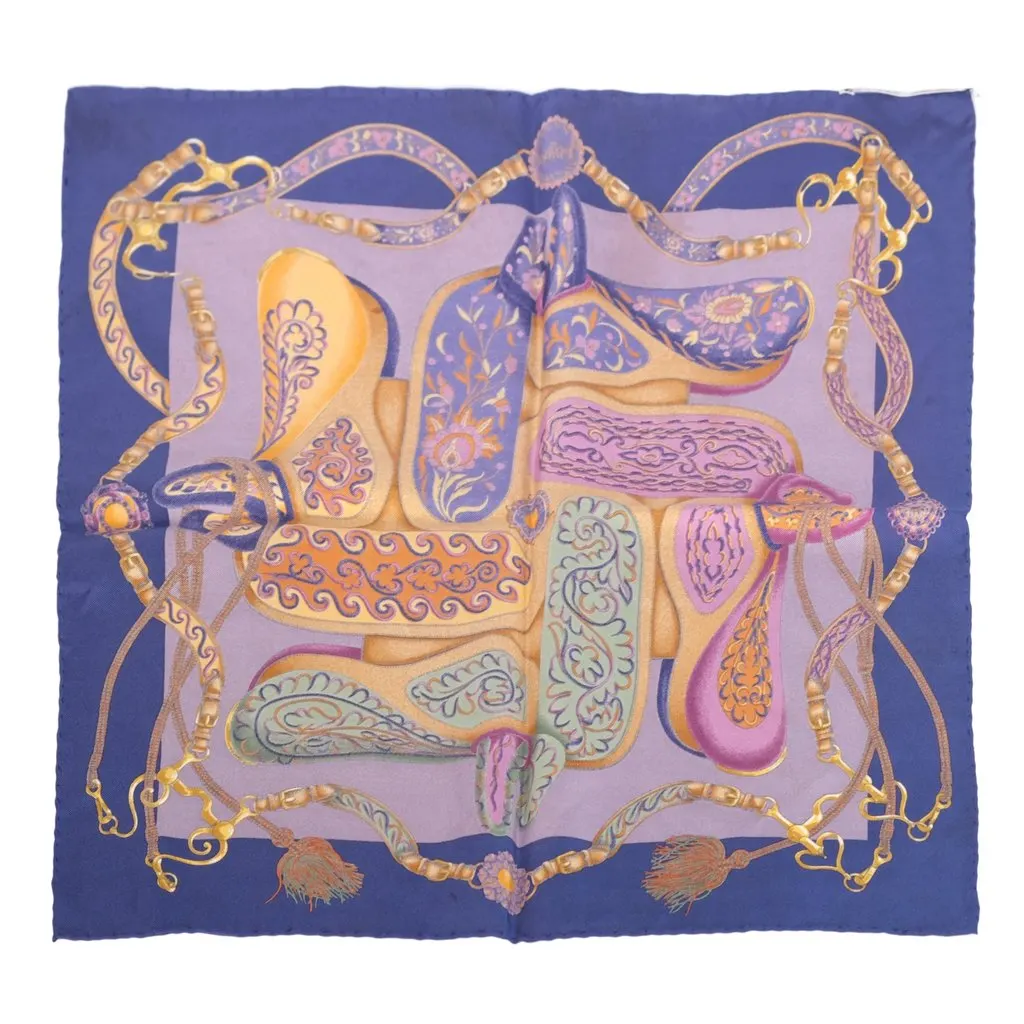 Hermès Vintage Festival des Amazones Blue & Purple Silk Carré 90 Scarf - '90s Blue Silk Good - Back View