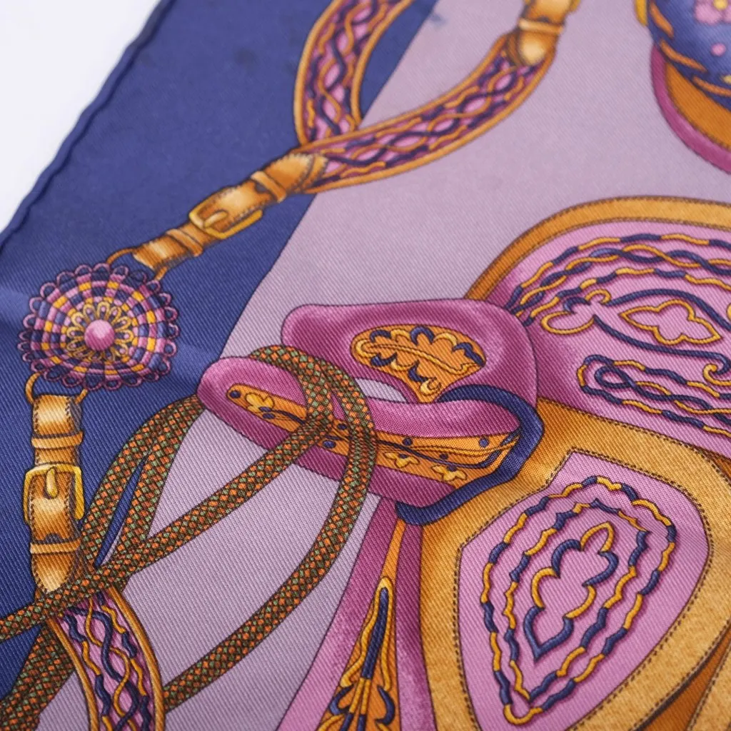 Hermès Vintage Festival des Amazones Blue & Purple Silk Carré 90 Scarf - '90s Blue Silk Good - Model View