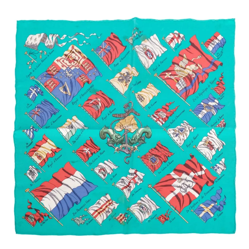 Hermès “Pavois” Green Silk Carré Scarf by Philippe Ledoux - '90s