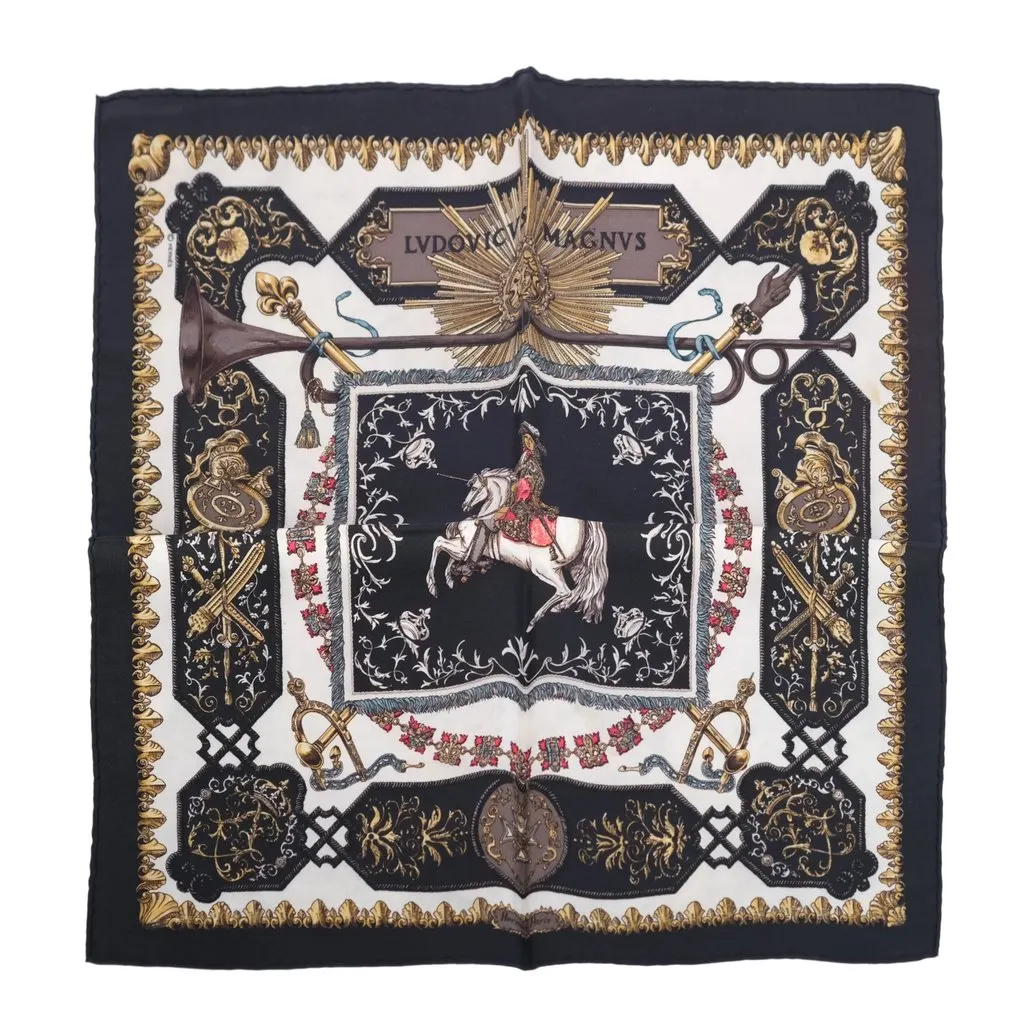 Hermès “Ludovicus Magnus” Black, Ivory & Gold Silk Gavroche 42 Scarf By Françoise De La Perrière - '90s White Silk Good - Front View