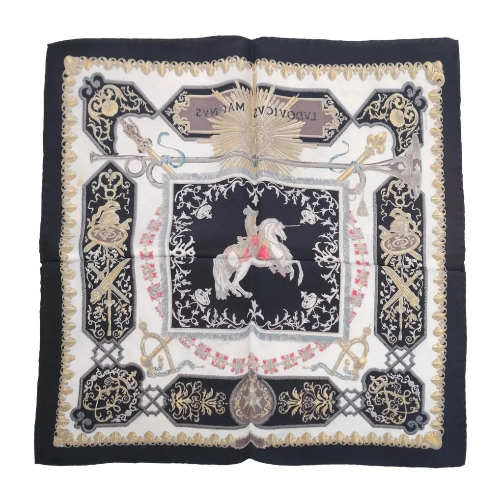 Hermès “Ludovicus Magnus” Black, Ivory & Gold Silk Gavroche 42 Scarf By Françoise De La Perrière - '90s White Silk Good - Back View