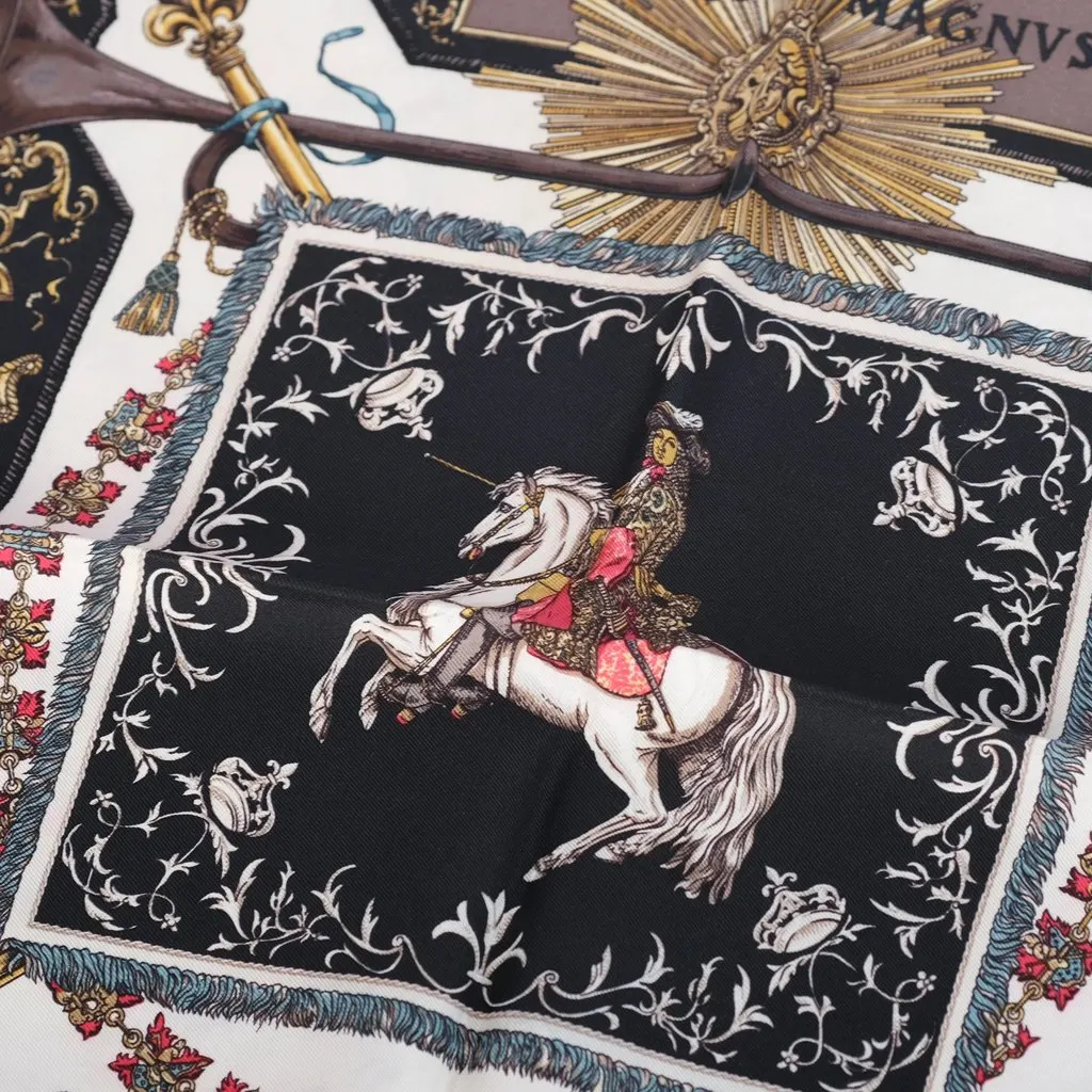Hermès “Ludovicus Magnus” Black, Ivory & Gold Silk Gavroche 42 Scarf By Françoise De La Perrière - '90s White Silk Good - Model View