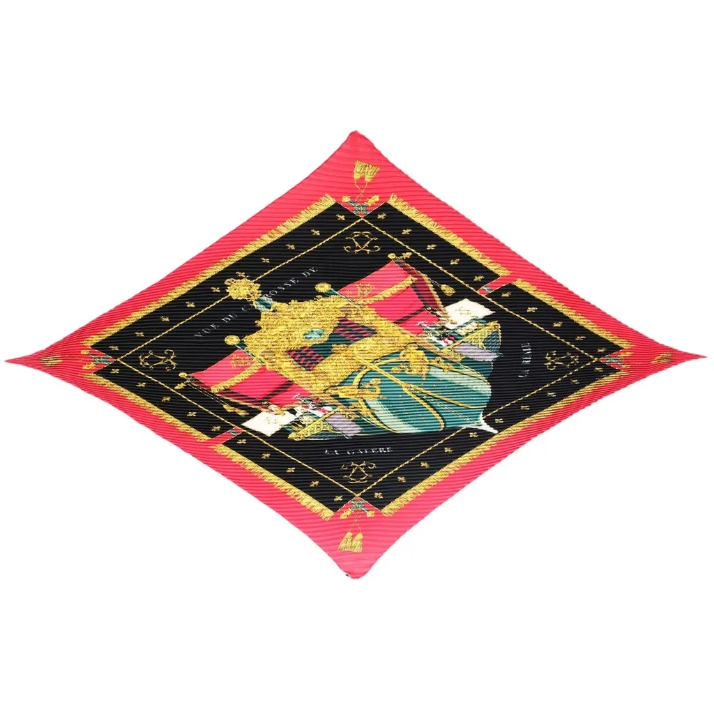 Hermès “Vue Du Carrosse De La Galère La Réale” Plissé Silk Scarf - '00s Black Silk Good - Front View