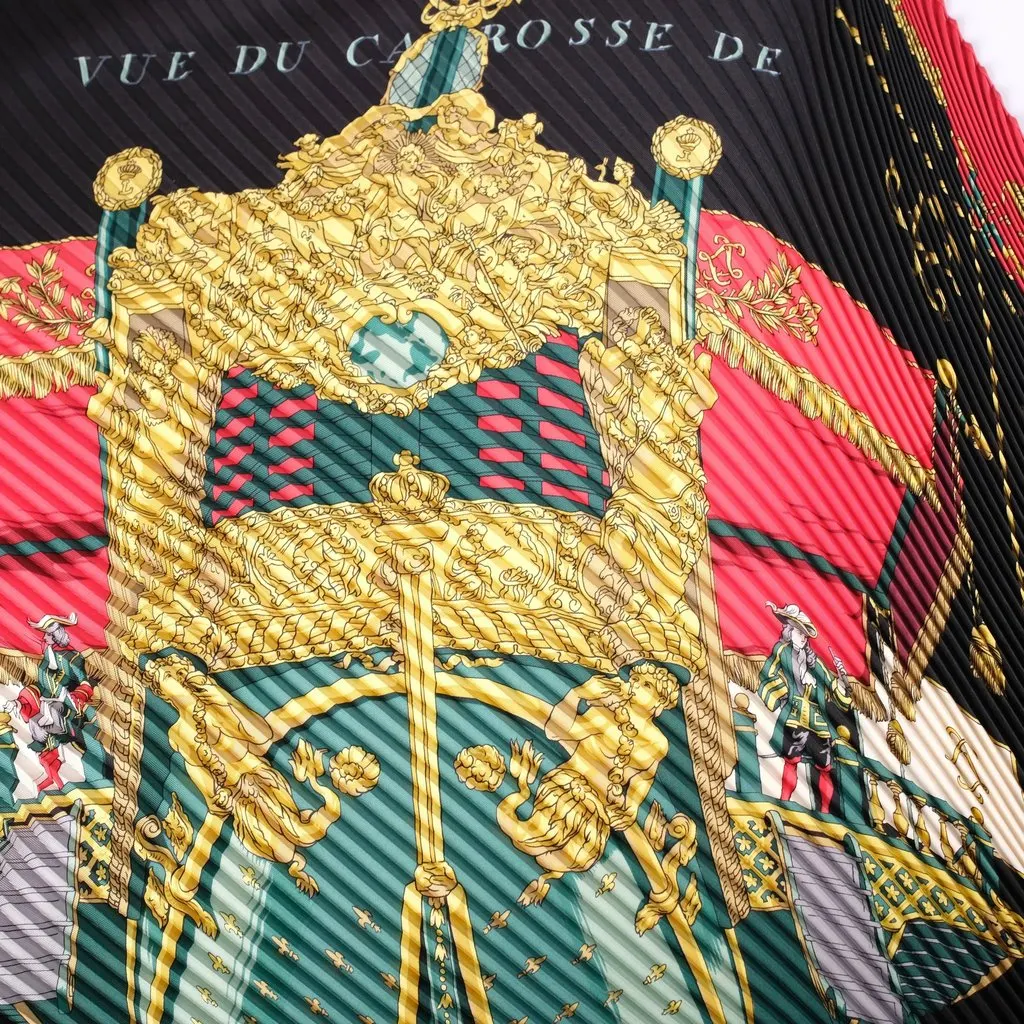 Hermès “Vue Du Carrosse De La Galère La Réale” Plissé Silk Scarf - '00s Black Silk Good - Back View