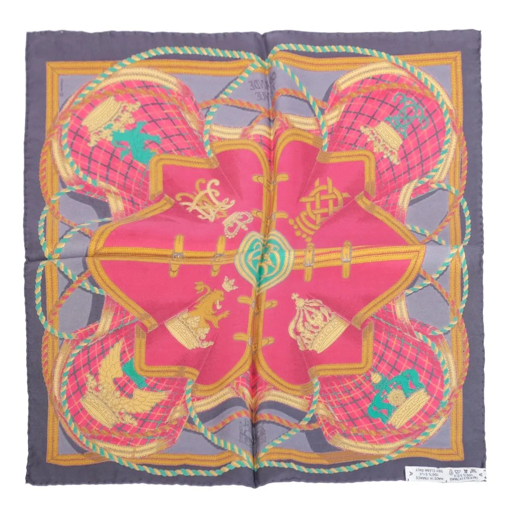 Hermès Vintage Grande Tenue Pink, Grey & Green Silk Gavroche 45 Scarf by Henri d’Origny - '90s Grey Silk Good - Back View
