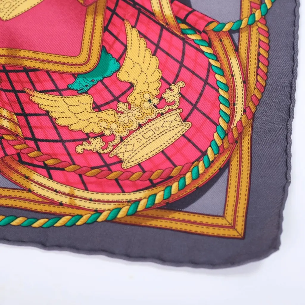 Hermès Vintage Grande Tenue Pink, Grey & Green Silk Gavroche 45 Scarf by Henri d’Origny - '90s Grey Silk Good - Model View