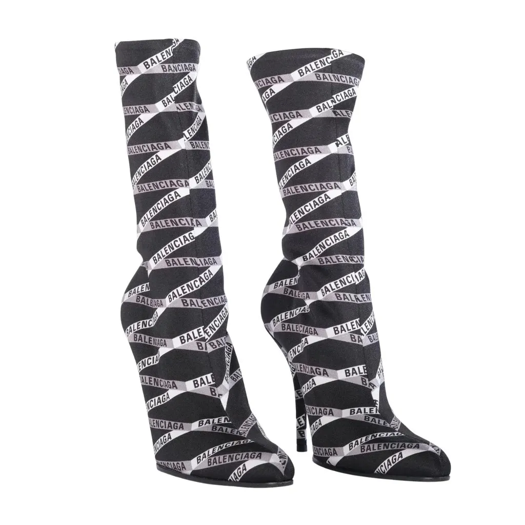 Balenciaga Monogram Logo-Print Stretch Sock Boots - '10s Black Good - Back View