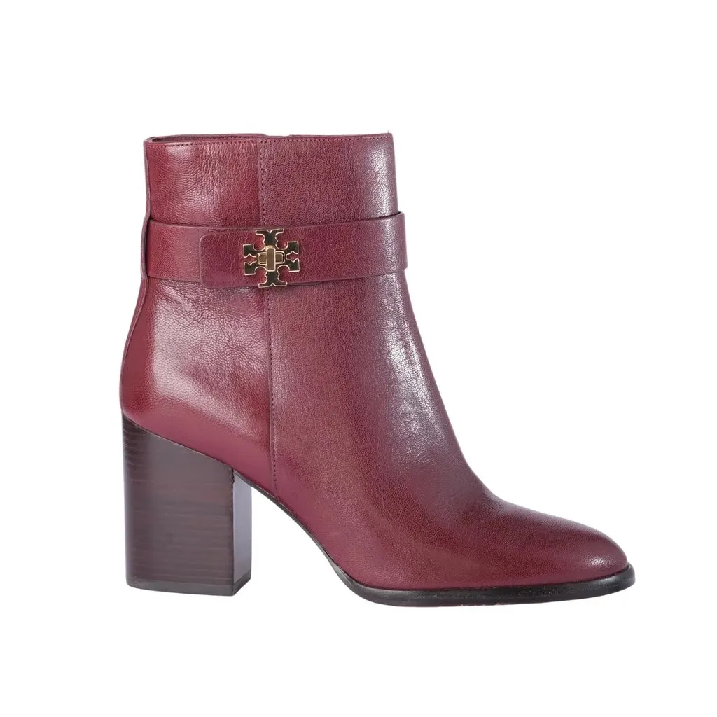 Tory Burch Dark Carmine Leather Turnlock Heeled Ankle Boots- '20s