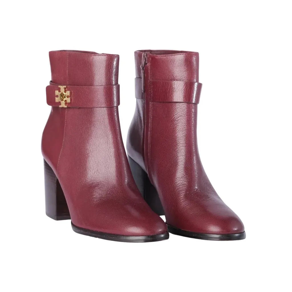 Tory Burch Dark Carmine Leather Turnlock Heeled Ankle Boots- '20s Burgundy Leather Good - Back View