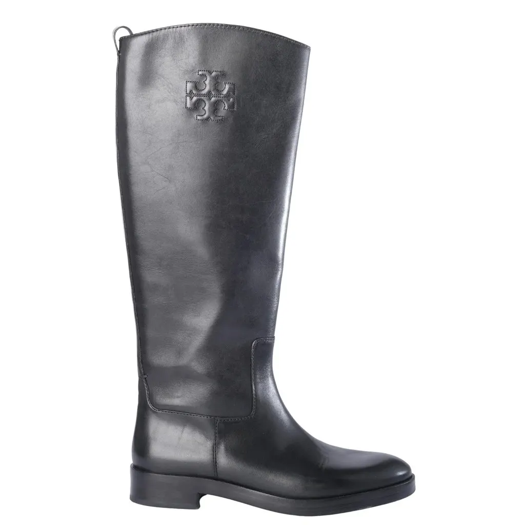 Tory Burch Logo-Embroidered Leather Knee-High Boots Black '10s