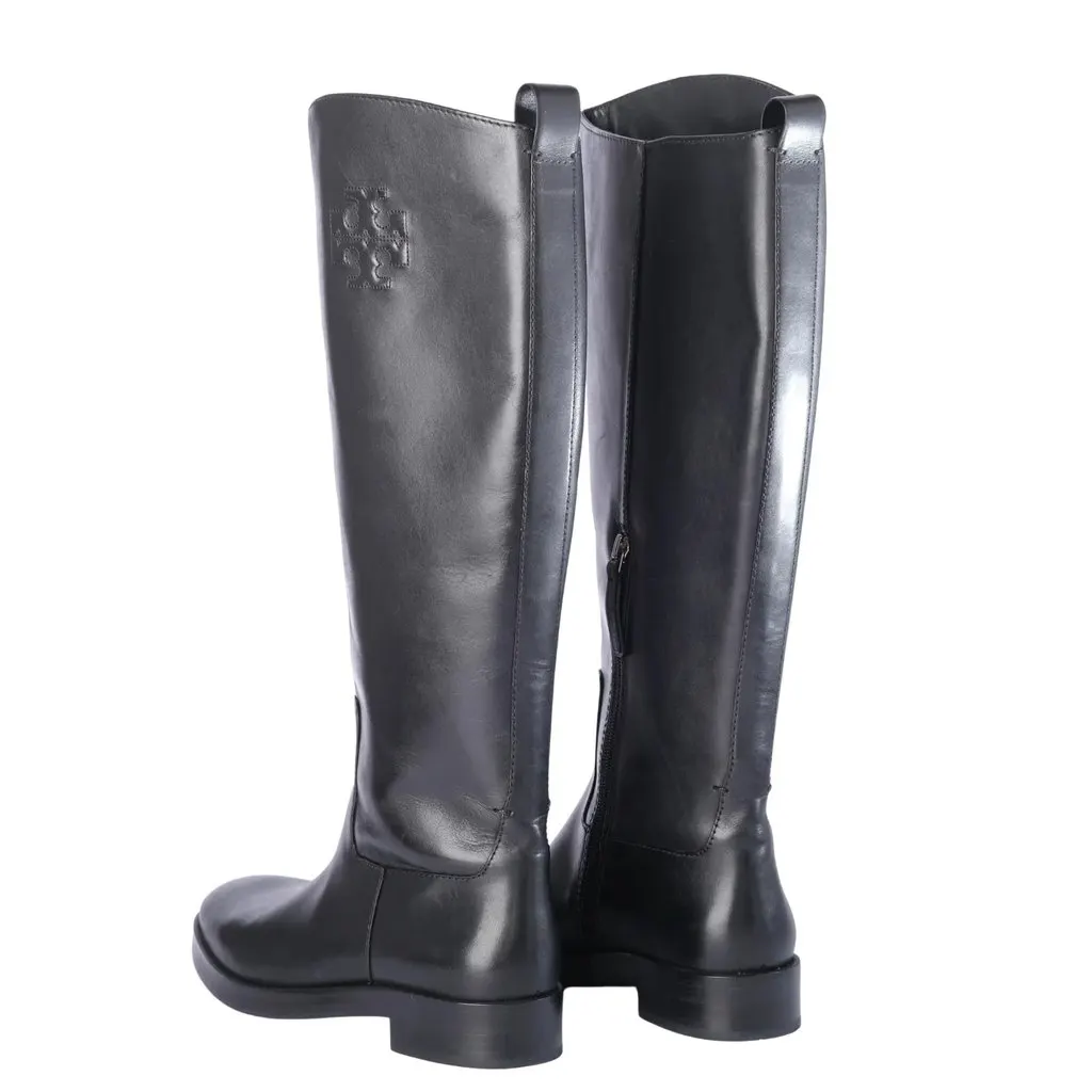 Tory Burch Logo-Embroidered Leather Knee-High Boots Black '10s Black Leather Good - Inside View