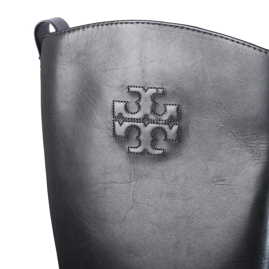 Tory Burch Logo-Embroidered Leather Knee-High Boots Black '10s Black Leather Good - Box View