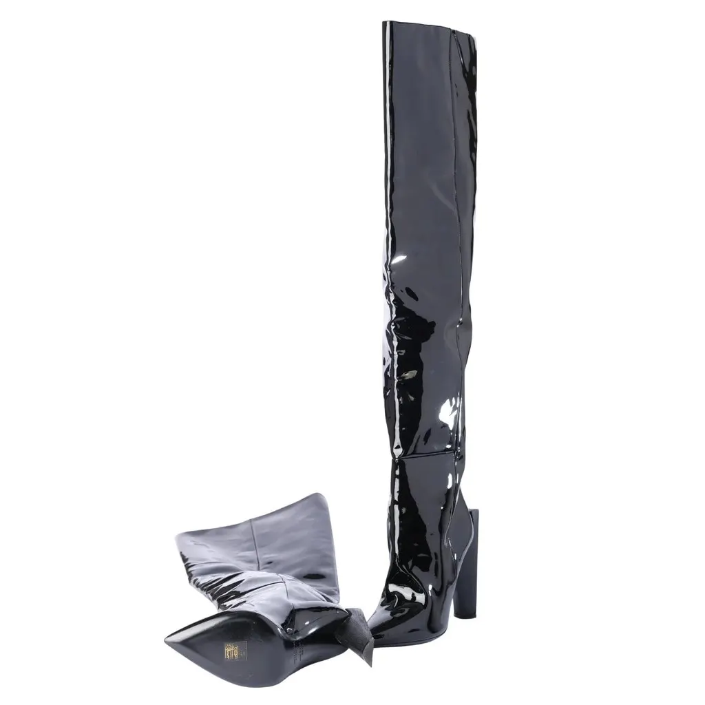 Saint Laurent Fall 2017 Black Patent Leather Over-the-Knee Boots - '10s Black Leather Good - Box View