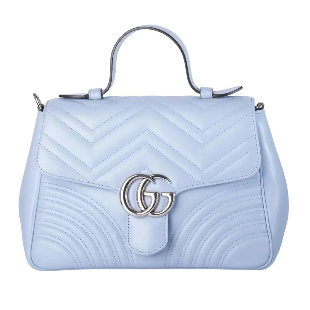 Gucci GG Marmont Small Top Handle Pastel Blue Matelassé Leather Bag - '20s Blue Leather Good - Front View