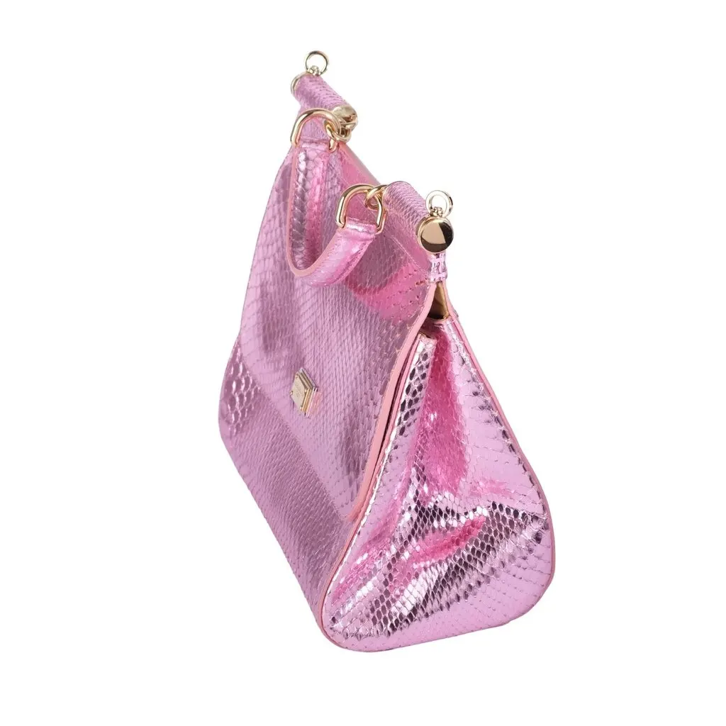 Dolce & Gabbana Small Miss Sicily Metallic Pink Python Top-Handle Bag - '10s Pink Leather Good - Back View
