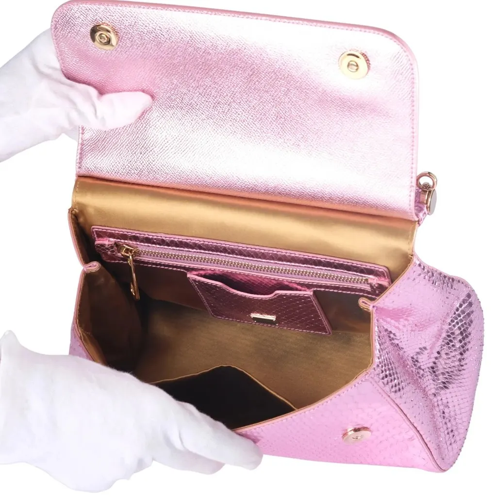 Dolce & Gabbana Small Miss Sicily Metallic Pink Python Top-Handle Bag - '10s Pink Leather Good - Box View