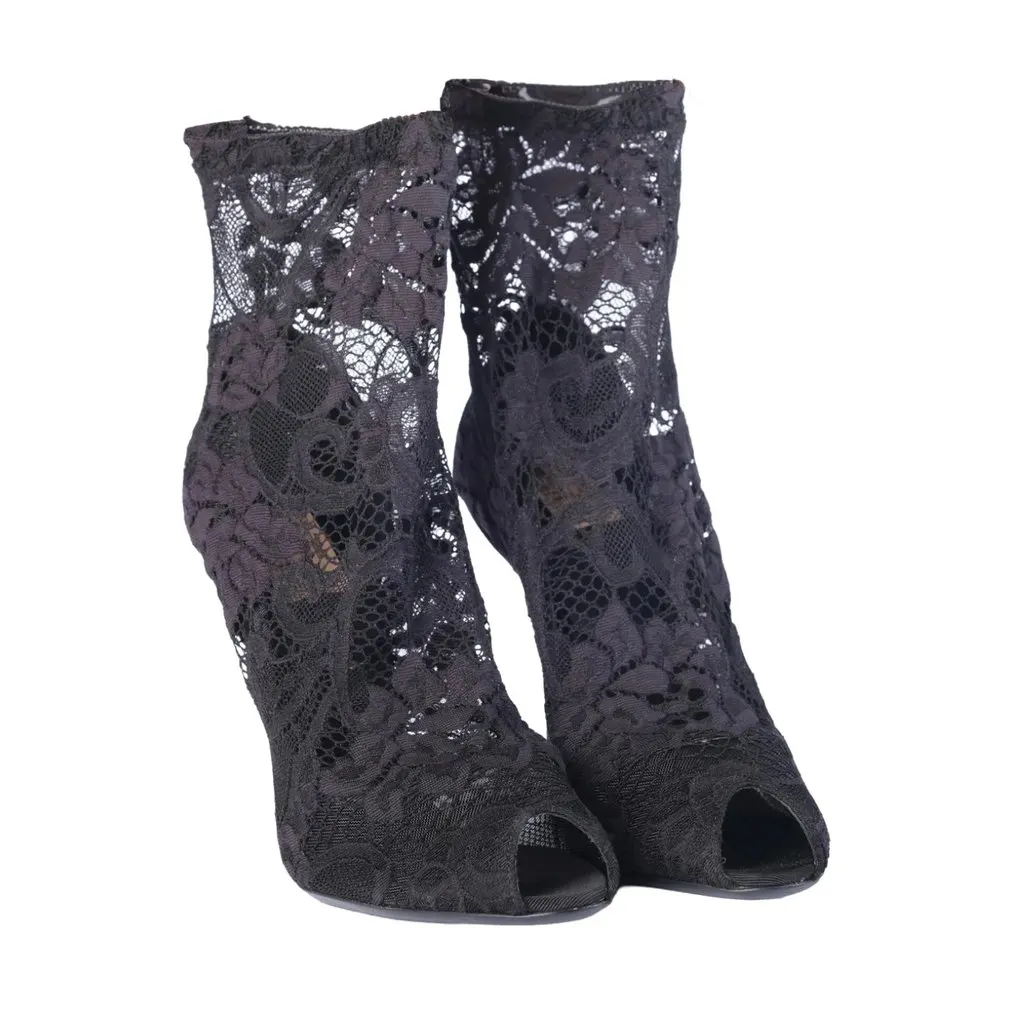 Dolce & Gabbana Black Stretch Lace Peep-Toe Ankle Boots - '20s Black Lace Good - Back View