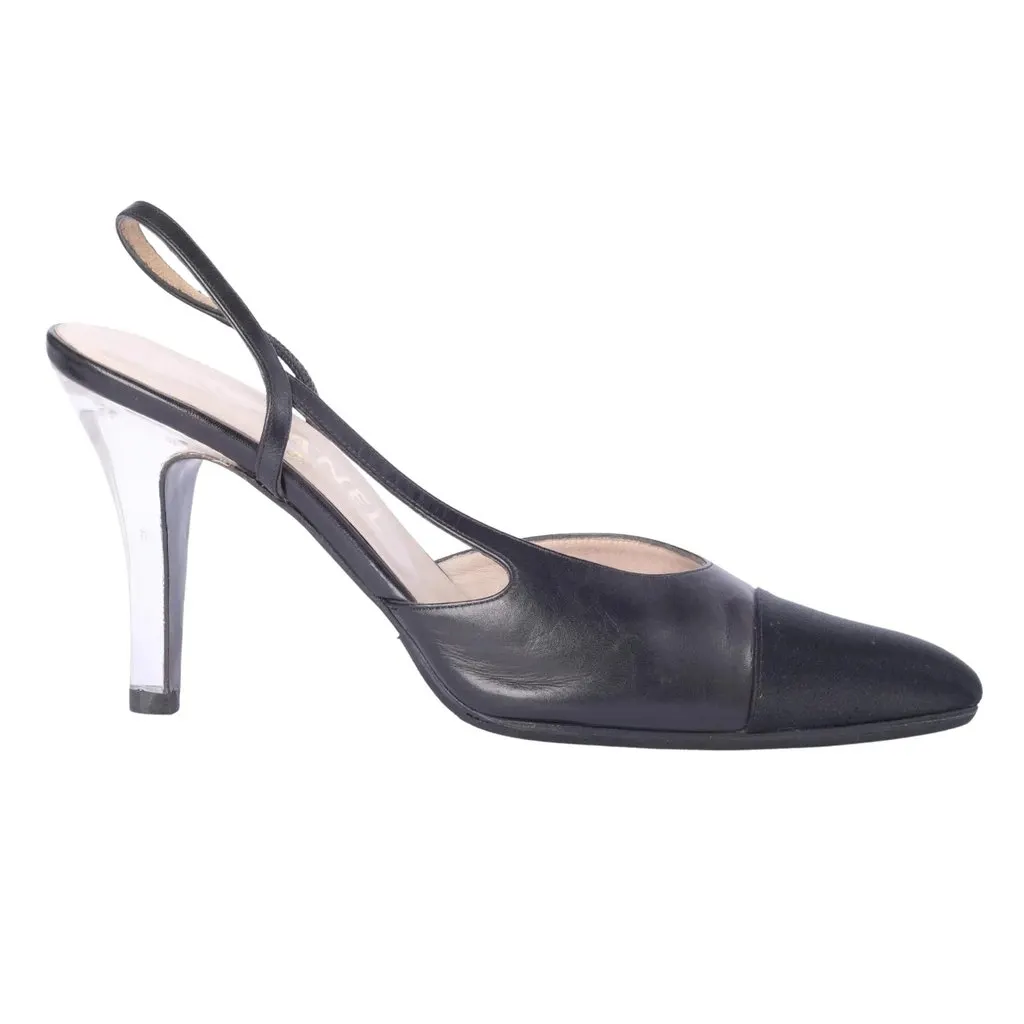 Chanel Vintage Black Leather & Satin Cap-Toe Slingback Pumps - '00s