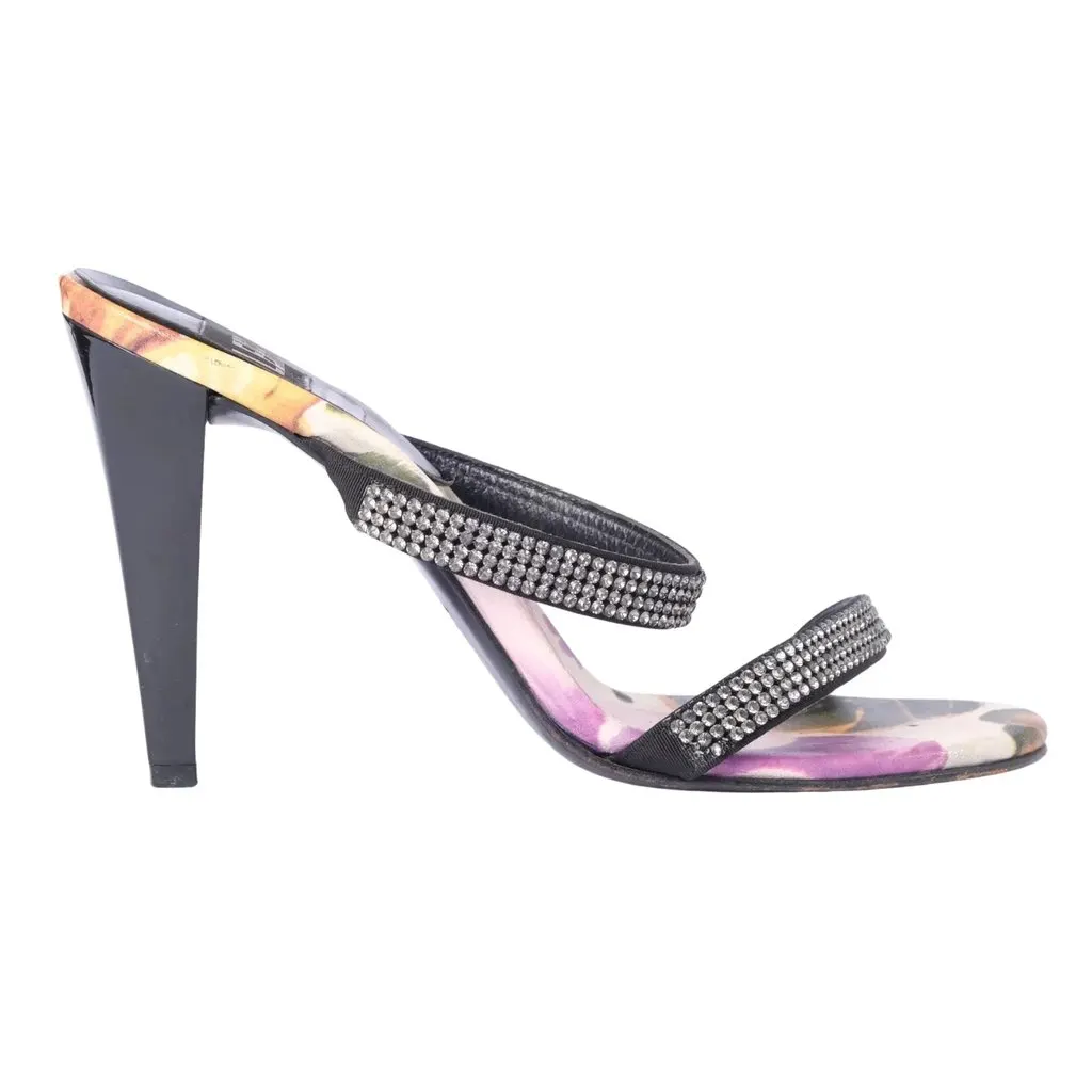 Unsigned Lerre Floral Print Rhinestone High-Heel Sandals - '00s Black Good - Front View