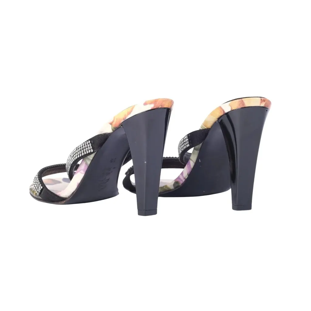 Unsigned Lerre Floral Print Rhinestone High-Heel Sandals - '00s Black Good - Inside View
