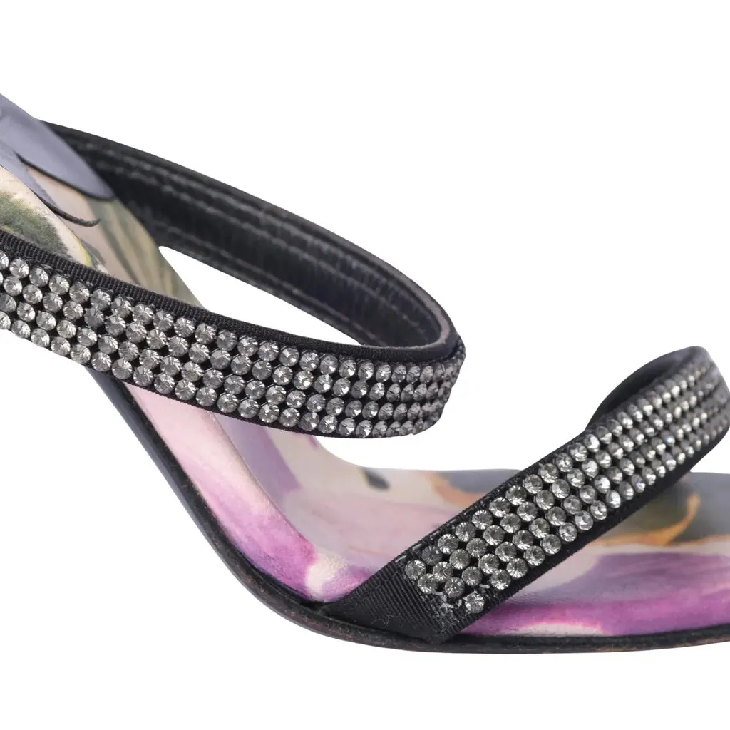 Unsigned Lerre Floral Print Rhinestone High-Heel Sandals - '00s Black Good - Box View