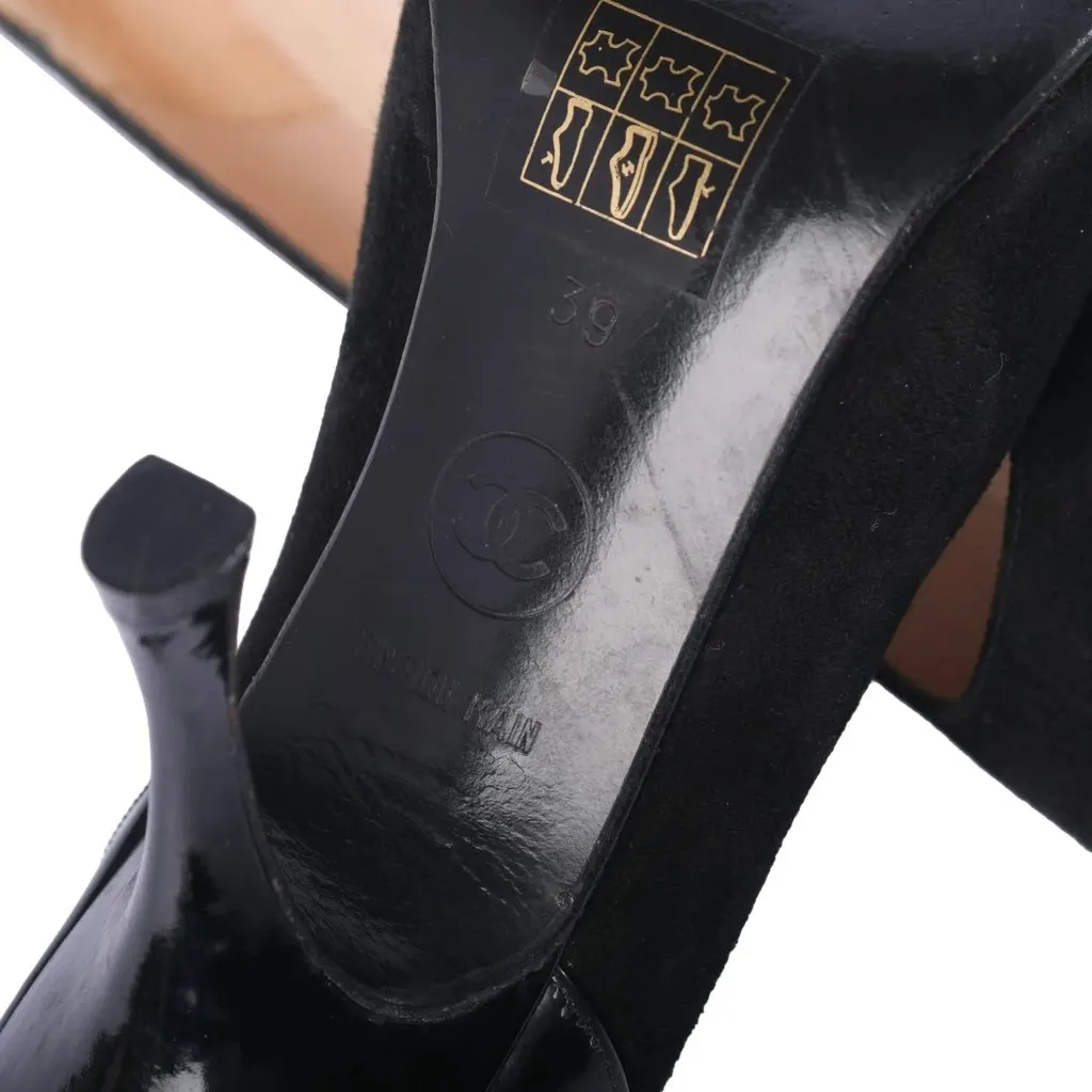 Chanel Black Suede Leather and Patent Leather Pumps - '90s Black Suede Good - Box View