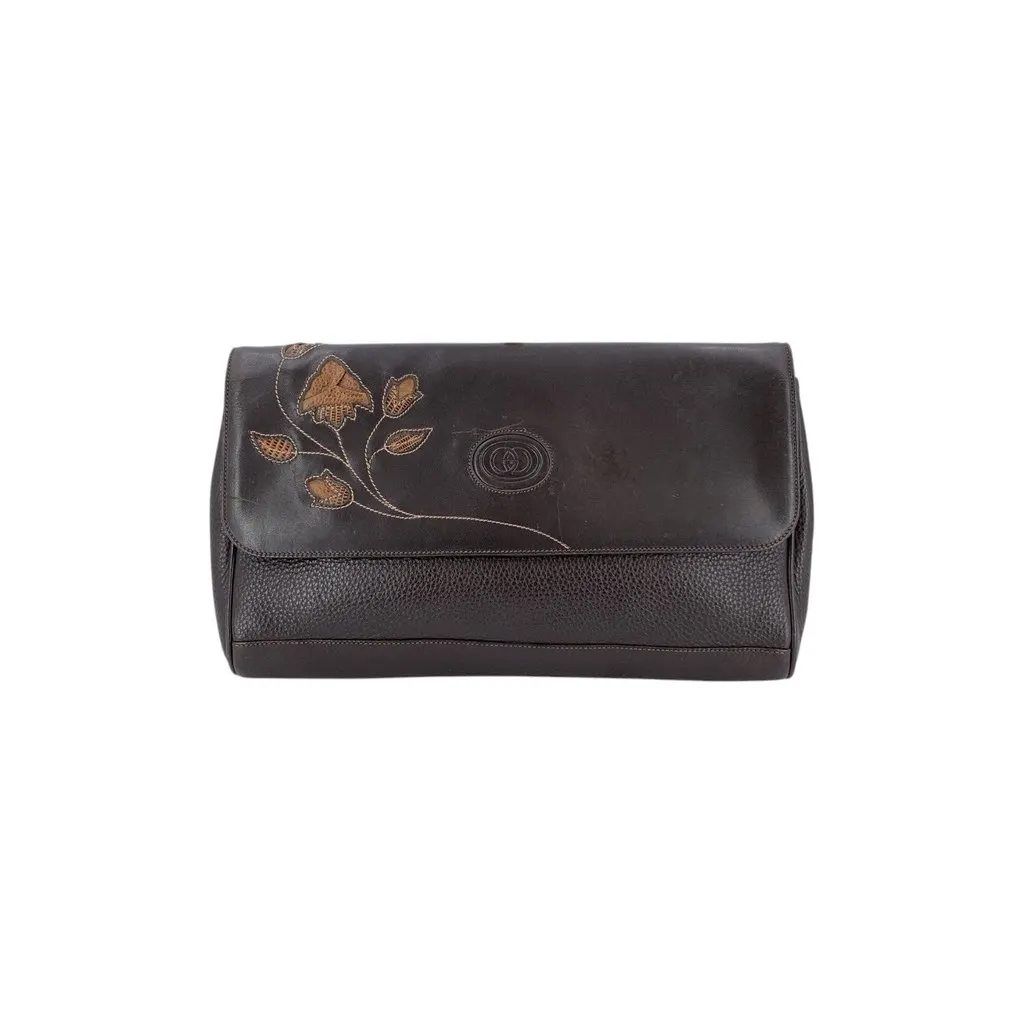 Gucci Clutch Bag Vintage Floral Inlay Brown Leather Good - Front View