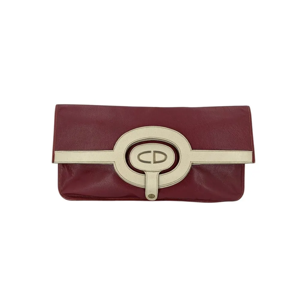 Dior Clutch Bag Vintage Foldable Clutch Burgundy Leather Good - Front View