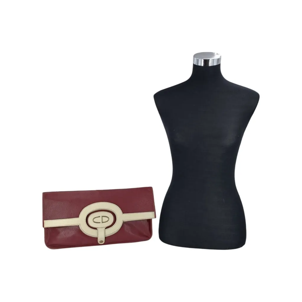 Dior Clutch Bag Vintage Foldable Clutch Burgundy Leather Good - Back View