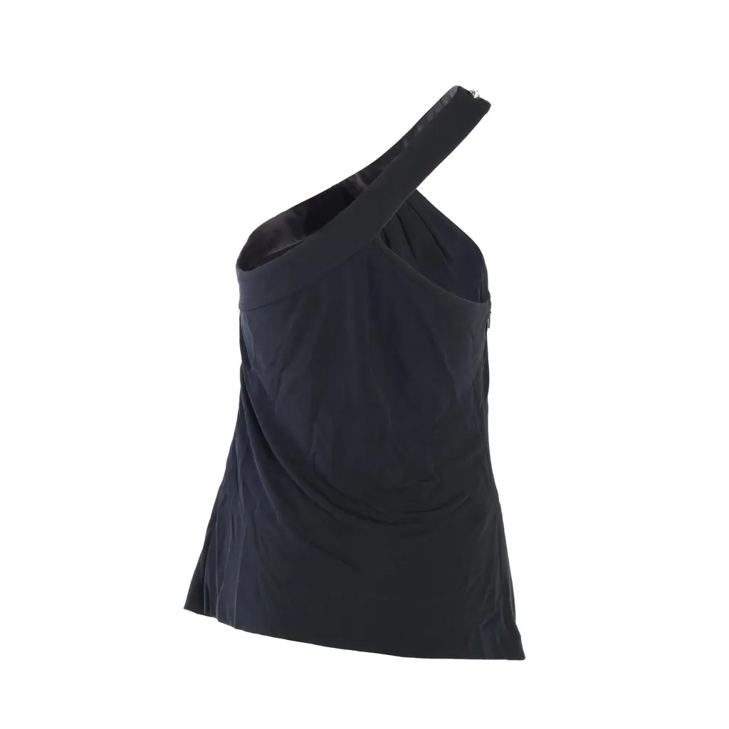 Versace Black Asymmetric One-Shoulder Draped Top with Medusa Zipper - '00s Black Satin Good - Inside View