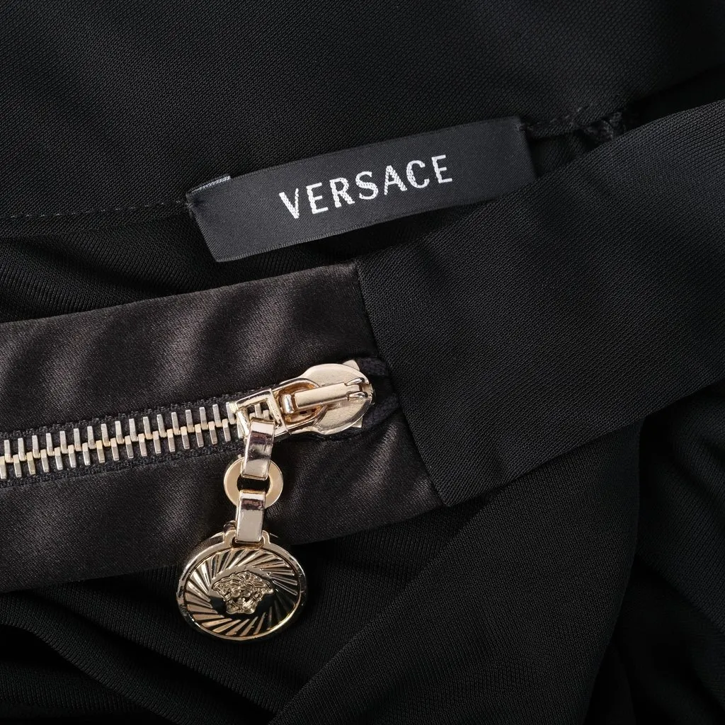 Versace Black Asymmetric One-Shoulder Draped Top with Medusa Zipper - '00s Black Satin Good - Model View