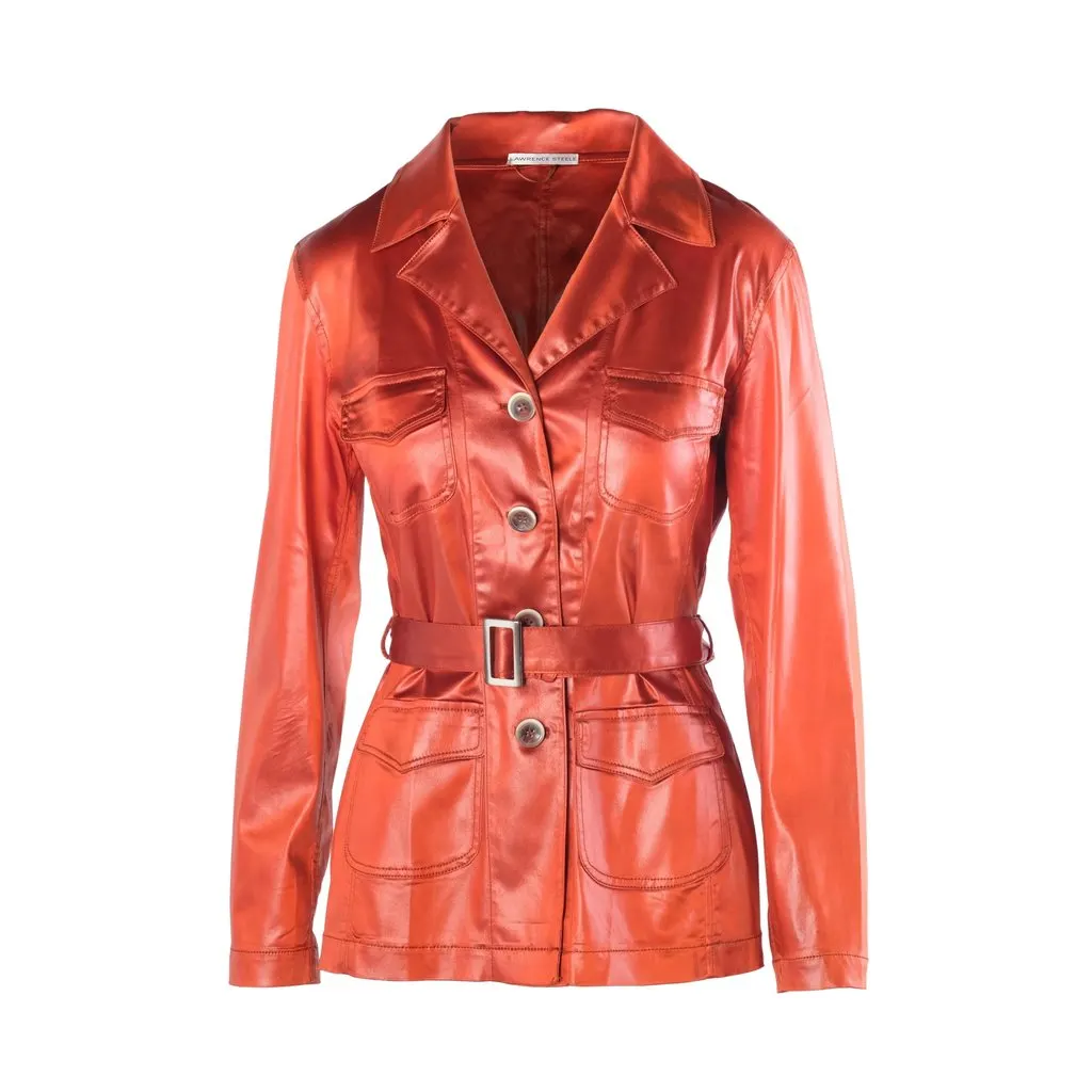 Unsigned Lawrence Steele Rust Orange Satin Belted Safari Jacket - '90s Orange Satin Good - Front View
