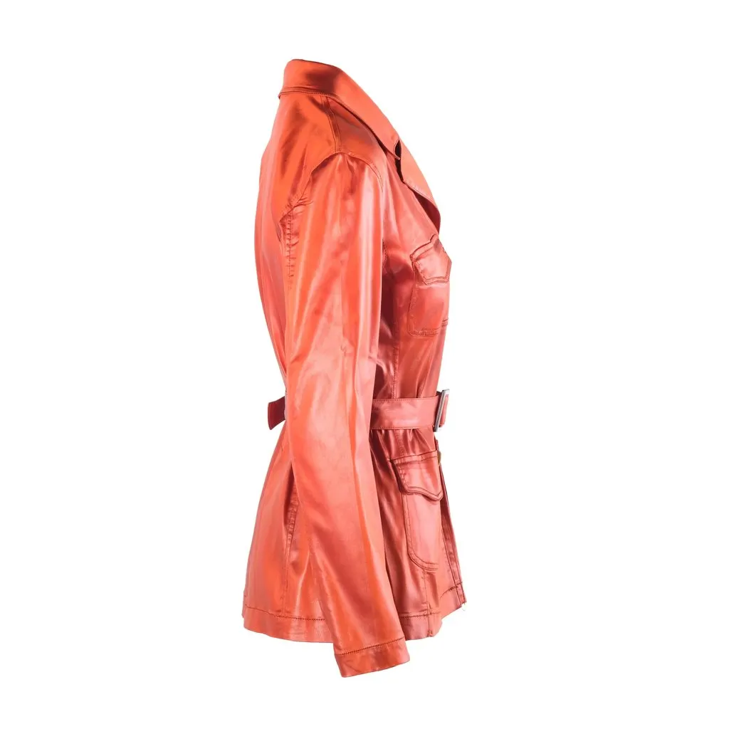Unsigned Lawrence Steele Rust Orange Satin Belted Safari Jacket - '90s Orange Satin Good - Back View
