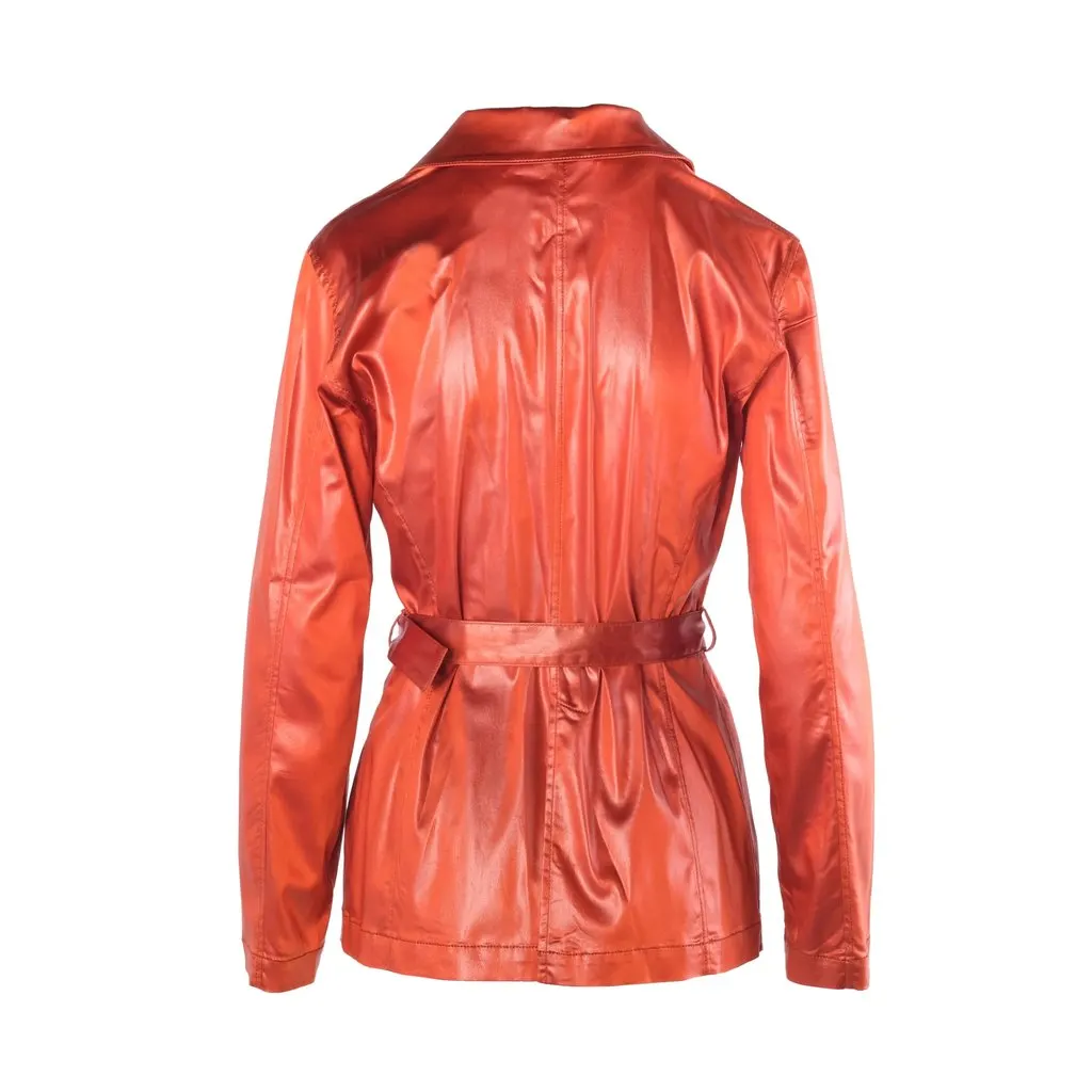 Unsigned Lawrence Steele Rust Orange Satin Belted Safari Jacket - '90s Orange Satin Good - Inside View