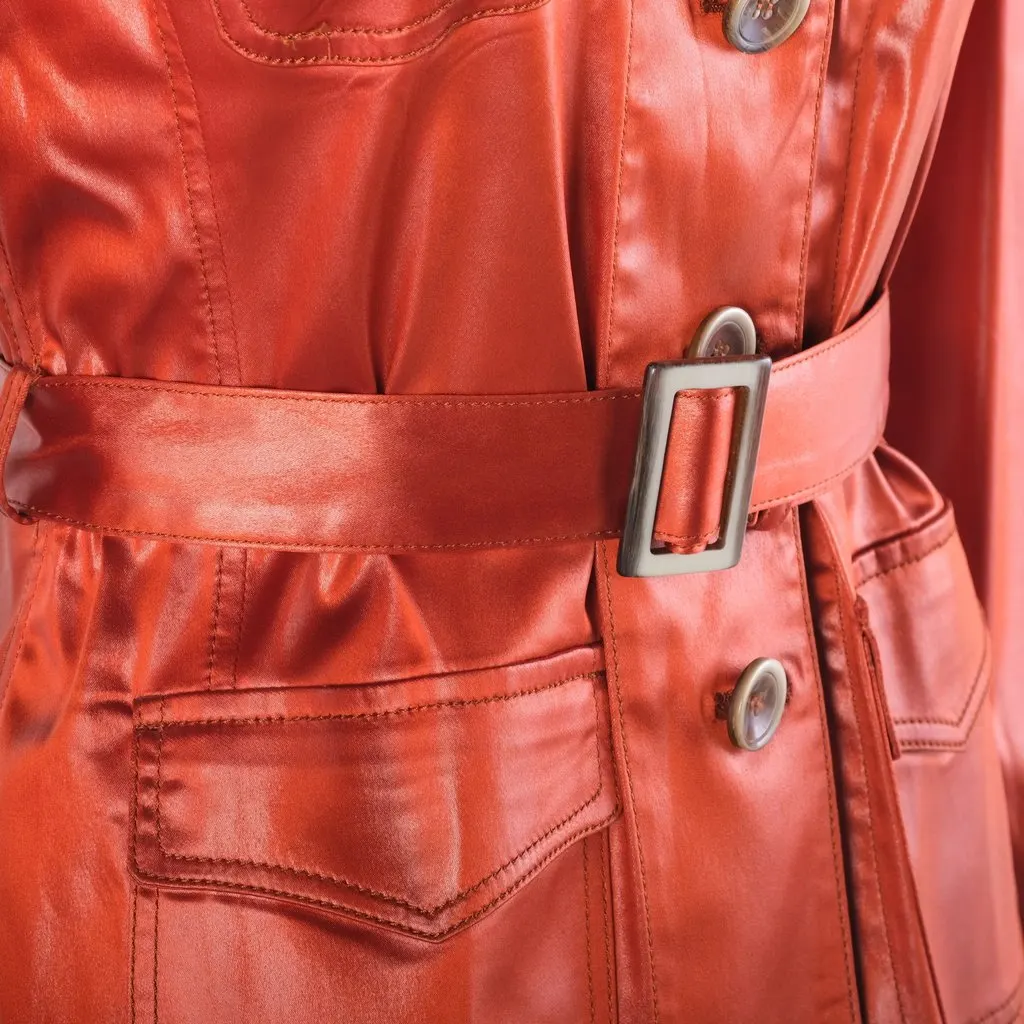 Unsigned Lawrence Steele Rust Orange Satin Belted Safari Jacket - '90s Orange Satin Good - Model View