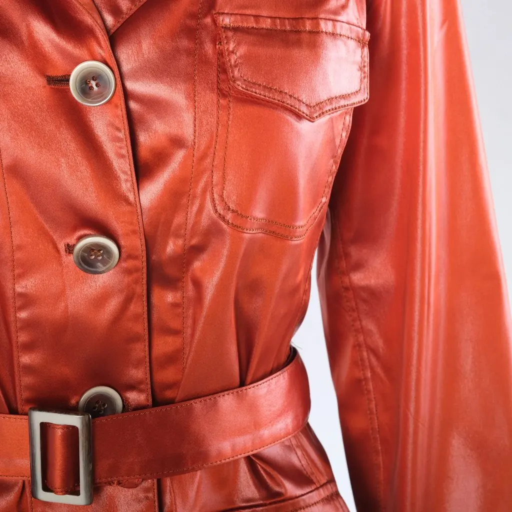 Unsigned Lawrence Steele Rust Orange Satin Belted Safari Jacket - '90s Orange Satin Good - Box View