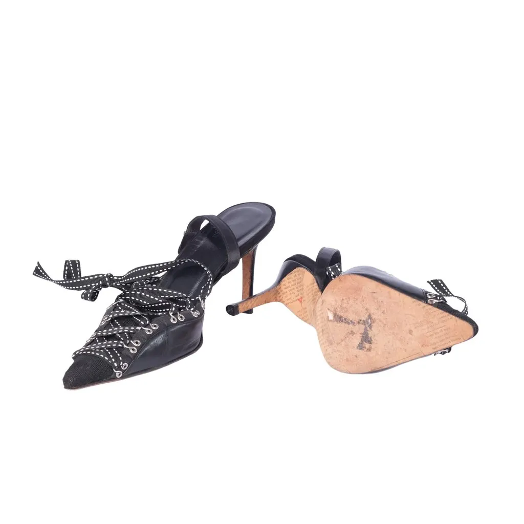 John Galliano Gazette Black Leather Lace-Up Slingback Heels - '00s Black Leather Good - Model View