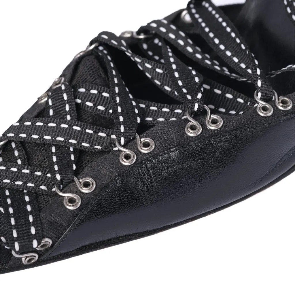 John Galliano Gazette Black Leather Lace-Up Slingback Heels - '00s Black Leather Good - Box View