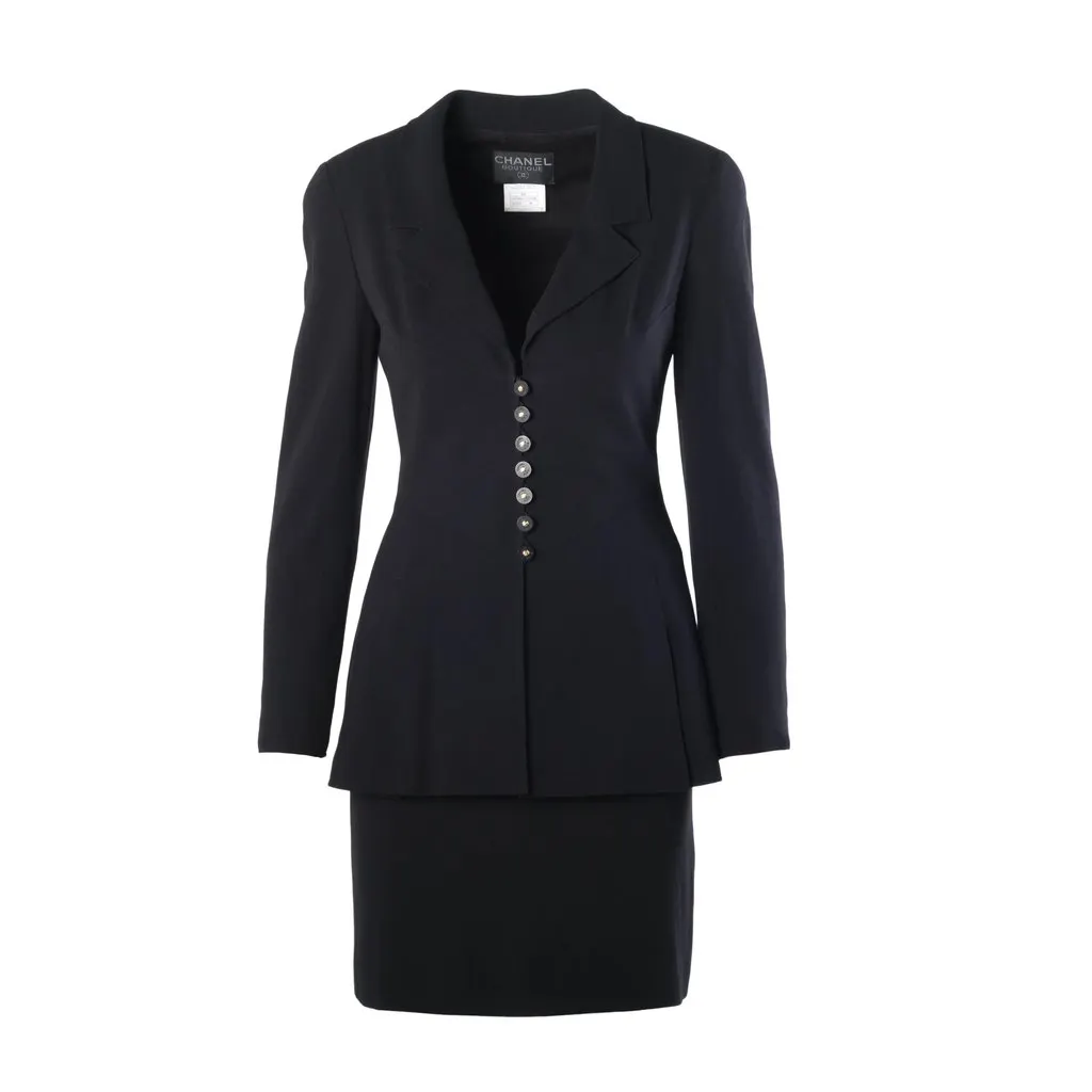 Chanel Spring 1997 Black Wool CC Button Skirt Suit- '90s Black Wool Good - Front View