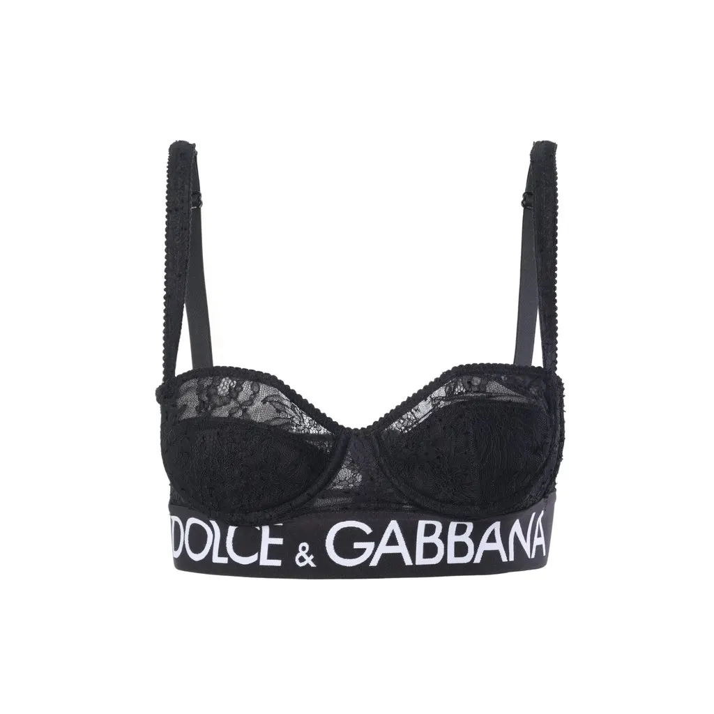 Dolce & Gabbana Black Lace Logo-Band Bustier Bra Top - '20s Black Lace Good - Front View