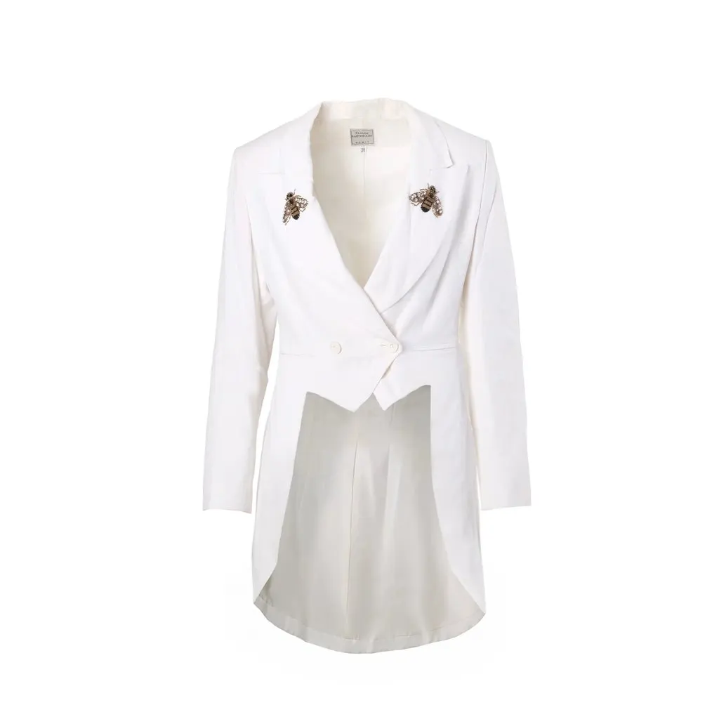 Unsigned Claude Barthélémy Paris Embellished White Tuxedo Skirt Suit - '90s White Cotton Good - Model View