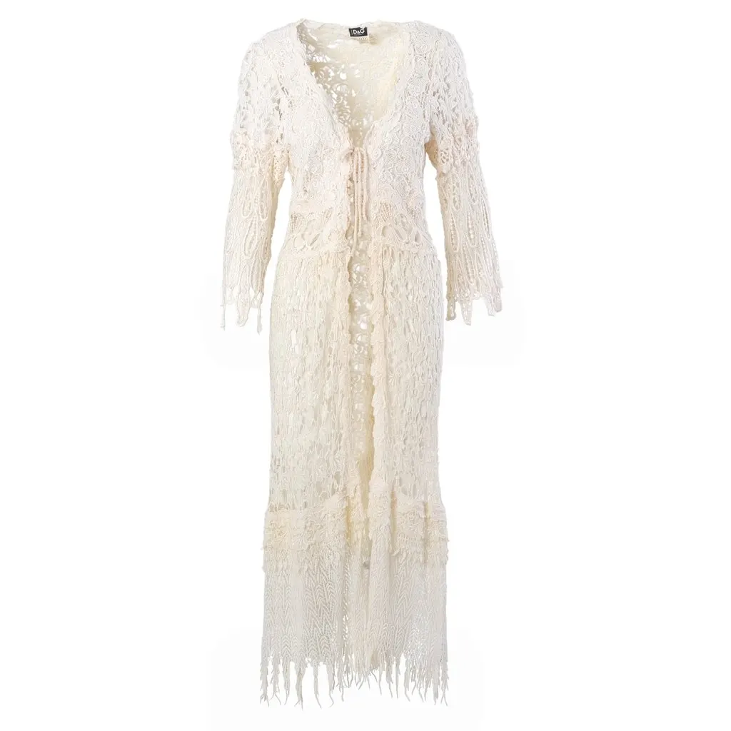 Dolce & Gabbana D&G Ivory Crochet Lace Fringe Maxi Cardigan - '00s White Lace Good - Front View